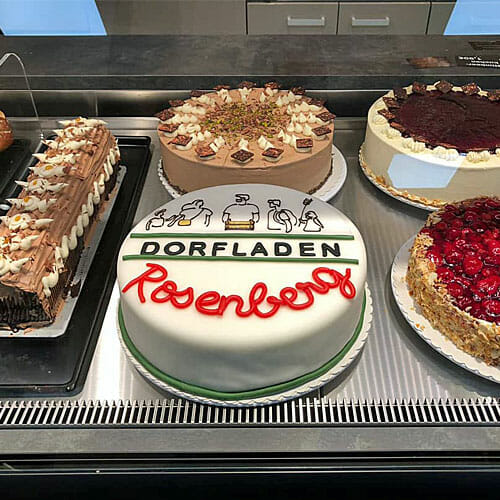 Torte mit Logo zur Eröffnung des Dorfladen Rosenberg (in Baden)
